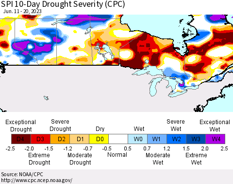 Canada SPI 10-Day Drought Severity (CPC) Thematic Map For 6/11/2023 - 6/20/2023