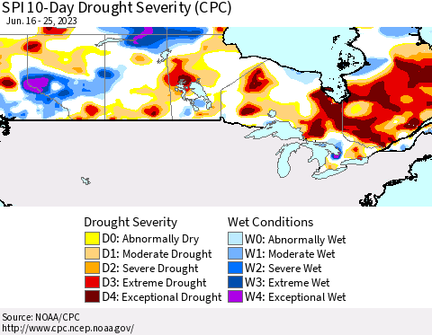 Canada SPI 10-Day Drought Severity (CPC) Thematic Map For 6/16/2023 - 6/25/2023