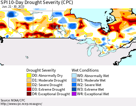 Canada SPI 10-Day Drought Severity (CPC) Thematic Map For 6/21/2023 - 6/30/2023