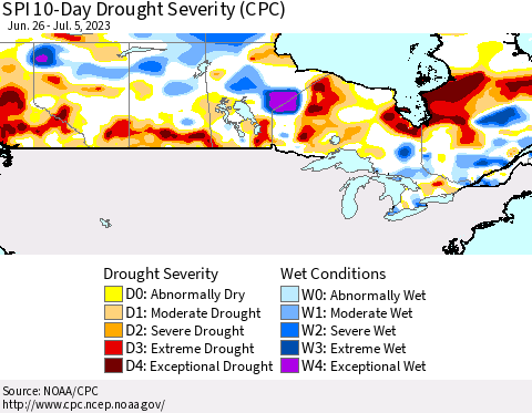 Canada SPI 10-Day Drought Severity (CPC) Thematic Map For 6/26/2023 - 7/5/2023