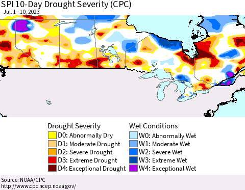 Canada SPI 10-Day Drought Severity (CPC) Thematic Map For 7/1/2023 - 7/10/2023