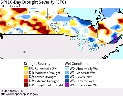 Canada SPI 10-Day Drought Severity (CPC) Thematic Map For 7/6/2023 - 7/15/2023