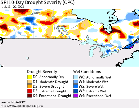 Canada SPI 10-Day Drought Severity (CPC) Thematic Map For 7/11/2023 - 7/20/2023