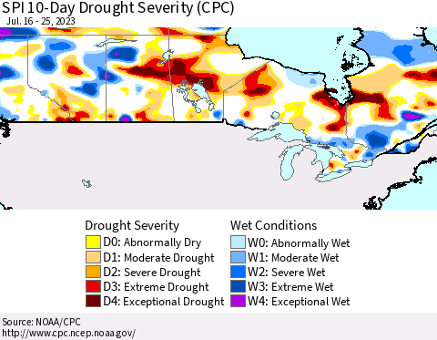 Canada SPI 10-Day Drought Severity (CPC) Thematic Map For 7/16/2023 - 7/25/2023