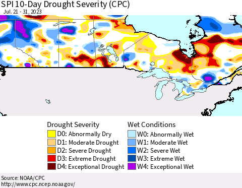 Canada SPI 10-Day Drought Severity (CPC) Thematic Map For 7/21/2023 - 7/31/2023