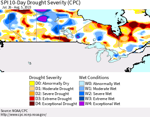 Canada SPI 10-Day Drought Severity (CPC) Thematic Map For 7/26/2023 - 8/5/2023
