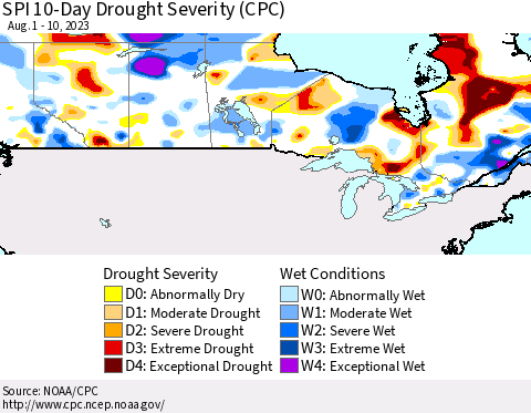 Canada SPI 10-Day Drought Severity (CPC) Thematic Map For 8/1/2023 - 8/10/2023