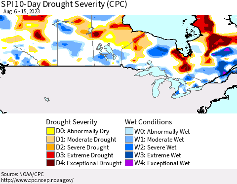 Canada SPI 10-Day Drought Severity (CPC) Thematic Map For 8/6/2023 - 8/15/2023