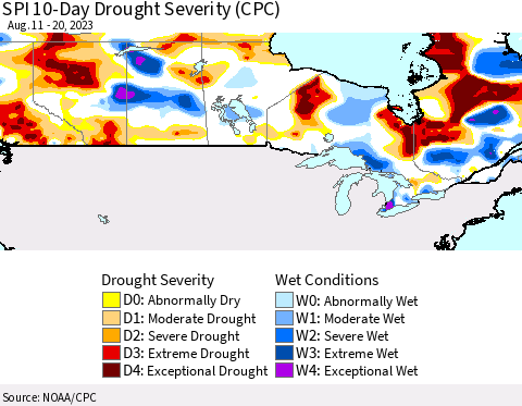 Canada SPI 10-Day Drought Severity (CPC) Thematic Map For 8/11/2023 - 8/20/2023