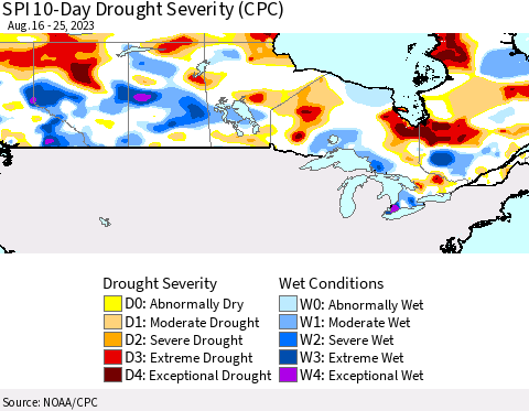 Canada SPI 10-Day Drought Severity (CPC) Thematic Map For 8/16/2023 - 8/25/2023