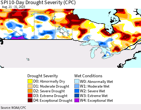 Canada SPI 10-Day Drought Severity (CPC) Thematic Map For 8/21/2023 - 8/31/2023