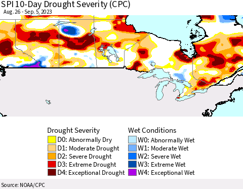 Canada SPI 10-Day Drought Severity (CPC) Thematic Map For 8/26/2023 - 9/5/2023