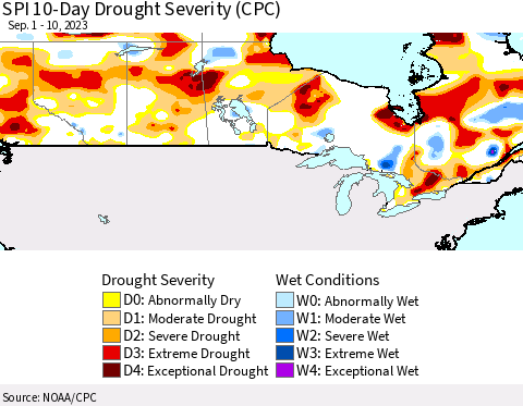 Canada SPI 10-Day Drought Severity (CPC) Thematic Map For 9/1/2023 - 9/10/2023