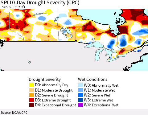 Canada SPI 10-Day Drought Severity (CPC) Thematic Map For 9/6/2023 - 9/15/2023