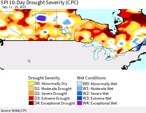 Canada SPI 10-Day Drought Severity (CPC) Thematic Map For 9/11/2023 - 9/20/2023