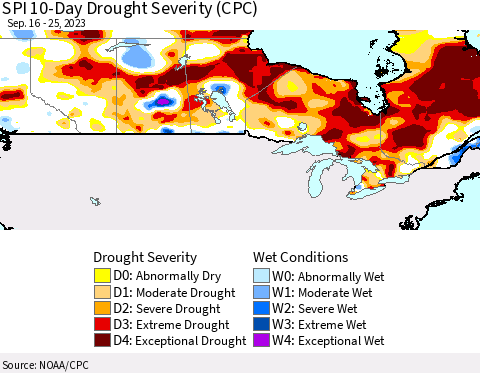 Canada SPI 10-Day Drought Severity (CPC) Thematic Map For 9/16/2023 - 9/25/2023