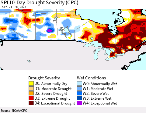 Canada SPI 10-Day Drought Severity (CPC) Thematic Map For 9/21/2023 - 9/30/2023