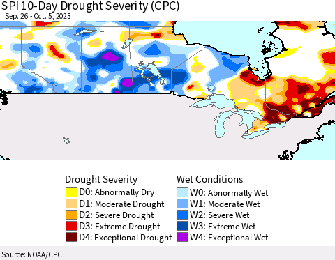 Canada SPI 10-Day Drought Severity (CPC) Thematic Map For 9/26/2023 - 10/5/2023