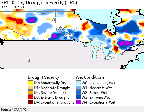 Canada SPI 10-Day Drought Severity (CPC) Thematic Map For 10/1/2023 - 10/10/2023
