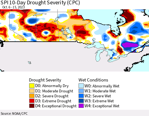 Canada SPI 10-Day Drought Severity (CPC) Thematic Map For 10/6/2023 - 10/15/2023