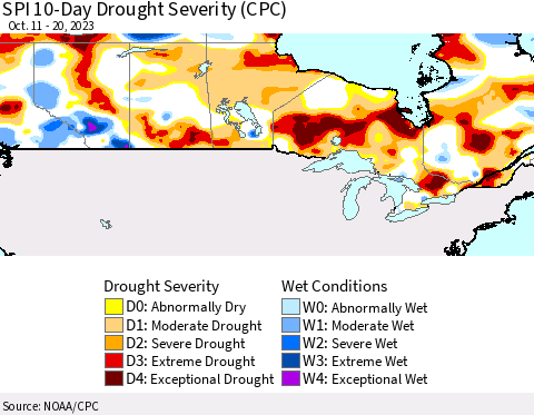 Canada SPI 10-Day Drought Severity (CPC) Thematic Map For 10/11/2023 - 10/20/2023