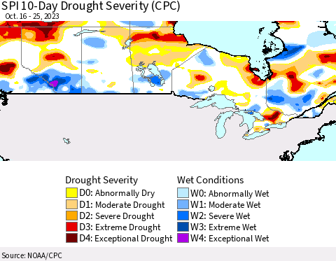 Canada SPI 10-Day Drought Severity (CPC) Thematic Map For 10/16/2023 - 10/25/2023
