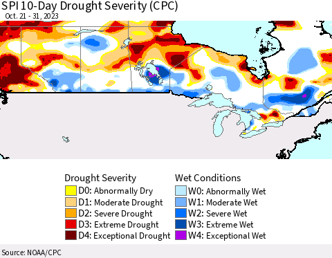 Canada SPI 10-Day Drought Severity (CPC) Thematic Map For 10/21/2023 - 10/31/2023