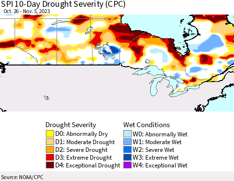 Canada SPI 10-Day Drought Severity (CPC) Thematic Map For 10/26/2023 - 11/5/2023