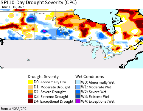 Canada SPI 10-Day Drought Severity (CPC) Thematic Map For 11/1/2023 - 11/10/2023