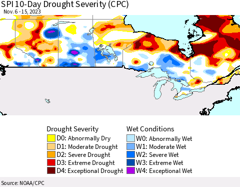 Canada SPI 10-Day Drought Severity (CPC) Thematic Map For 11/6/2023 - 11/15/2023