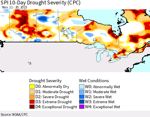Canada SPI 10-Day Drought Severity (CPC) Thematic Map For 11/11/2023 - 11/20/2023