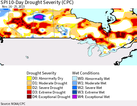 Canada SPI 10-Day Drought Severity (CPC) Thematic Map For 11/16/2023 - 11/25/2023