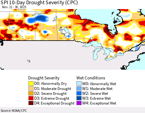 Canada SPI 10-Day Drought Severity (CPC) Thematic Map For 11/21/2023 - 11/30/2023