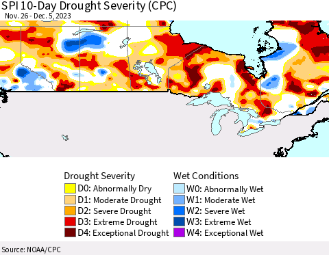 Canada SPI 10-Day Drought Severity (CPC) Thematic Map For 11/26/2023 - 12/5/2023