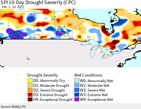 Canada SPI 10-Day Drought Severity (CPC) Thematic Map For 12/1/2023 - 12/10/2023