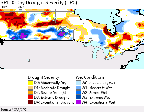 Canada SPI 10-Day Drought Severity (CPC) Thematic Map For 12/6/2023 - 12/15/2023