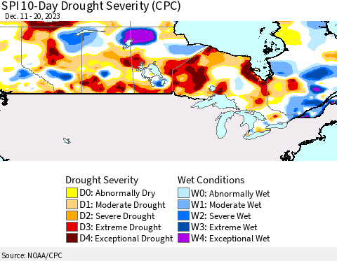 Canada SPI 10-Day Drought Severity (CPC) Thematic Map For 12/11/2023 - 12/20/2023