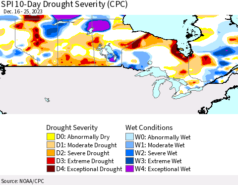 Canada SPI 10-Day Drought Severity (CPC) Thematic Map For 12/16/2023 - 12/25/2023