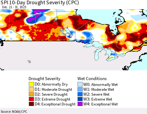 Canada SPI 10-Day Drought Severity (CPC) Thematic Map For 12/21/2023 - 12/31/2023
