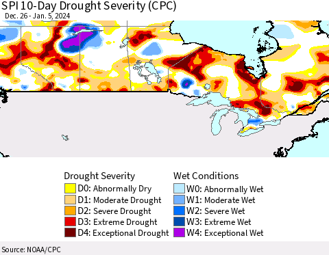 Canada SPI 10-Day Drought Severity (CPC) Thematic Map For 12/26/2023 - 1/5/2024