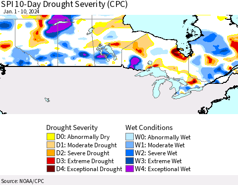 Canada SPI 10-Day Drought Severity (CPC) Thematic Map For 1/1/2024 - 1/10/2024