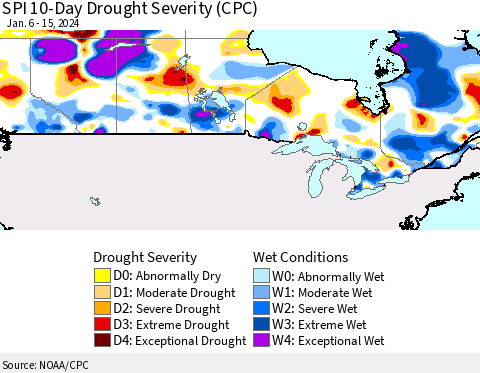 Canada SPI 10-Day Drought Severity (CPC) Thematic Map For 1/6/2024 - 1/15/2024