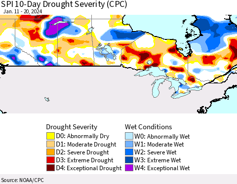 Canada SPI 10-Day Drought Severity (CPC) Thematic Map For 1/11/2024 - 1/20/2024