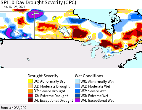Canada SPI 10-Day Drought Severity (CPC) Thematic Map For 1/16/2024 - 1/25/2024