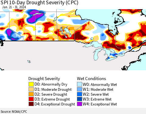 Canada SPI 10-Day Drought Severity (CPC) Thematic Map For 1/21/2024 - 1/31/2024