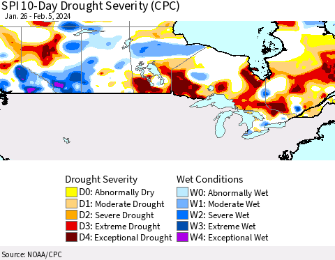 Canada SPI 10-Day Drought Severity (CPC) Thematic Map For 1/26/2024 - 2/5/2024