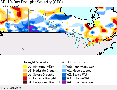 Canada SPI 10-Day Drought Severity (CPC) Thematic Map For 2/1/2024 - 2/10/2024