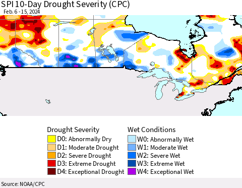 Canada SPI 10-Day Drought Severity (CPC) Thematic Map For 2/6/2024 - 2/15/2024