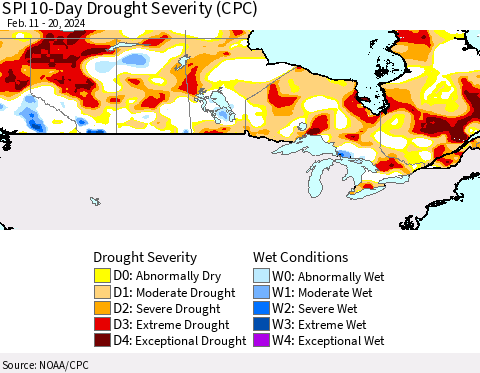 Canada SPI 10-Day Drought Severity (CPC) Thematic Map For 2/11/2024 - 2/20/2024