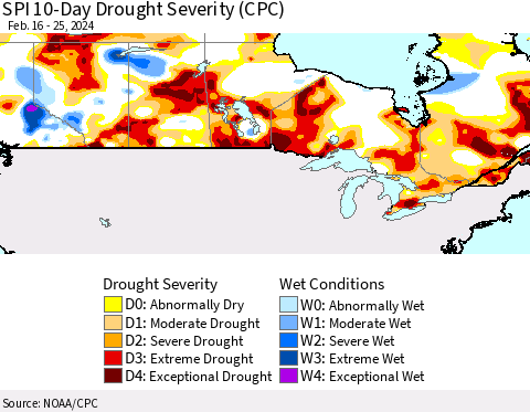 Canada SPI 10-Day Drought Severity (CPC) Thematic Map For 2/16/2024 - 2/25/2024